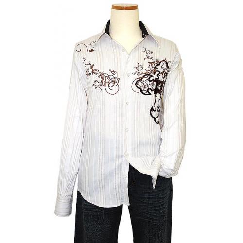 Apricottree White W/ Copper Lurex/Woven Pinstripes And Copper Embroidered Design With Velour Cross Design Long Sleeves Cotton Shirt AT1336